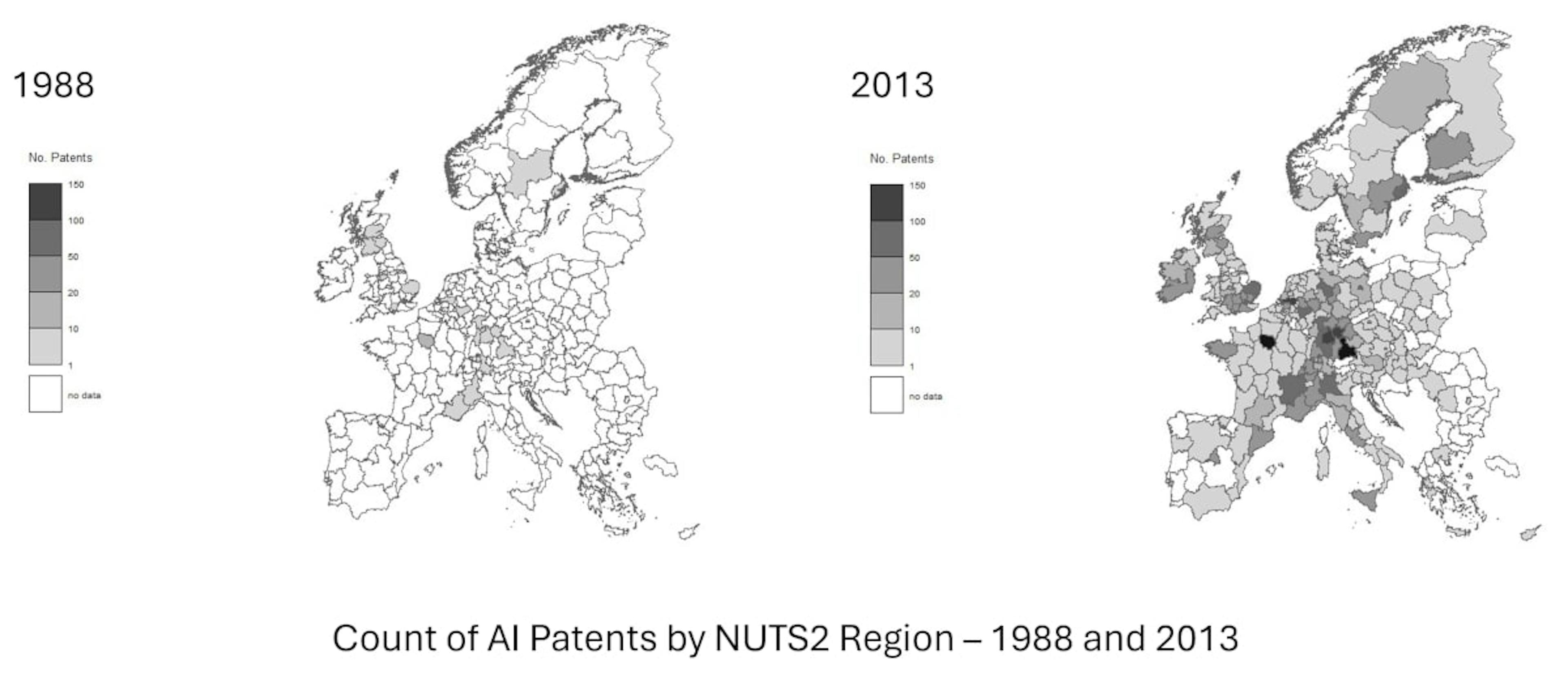 Maps illustrating the count of AI patents by NUTS2 regions in 1988 and 2013.