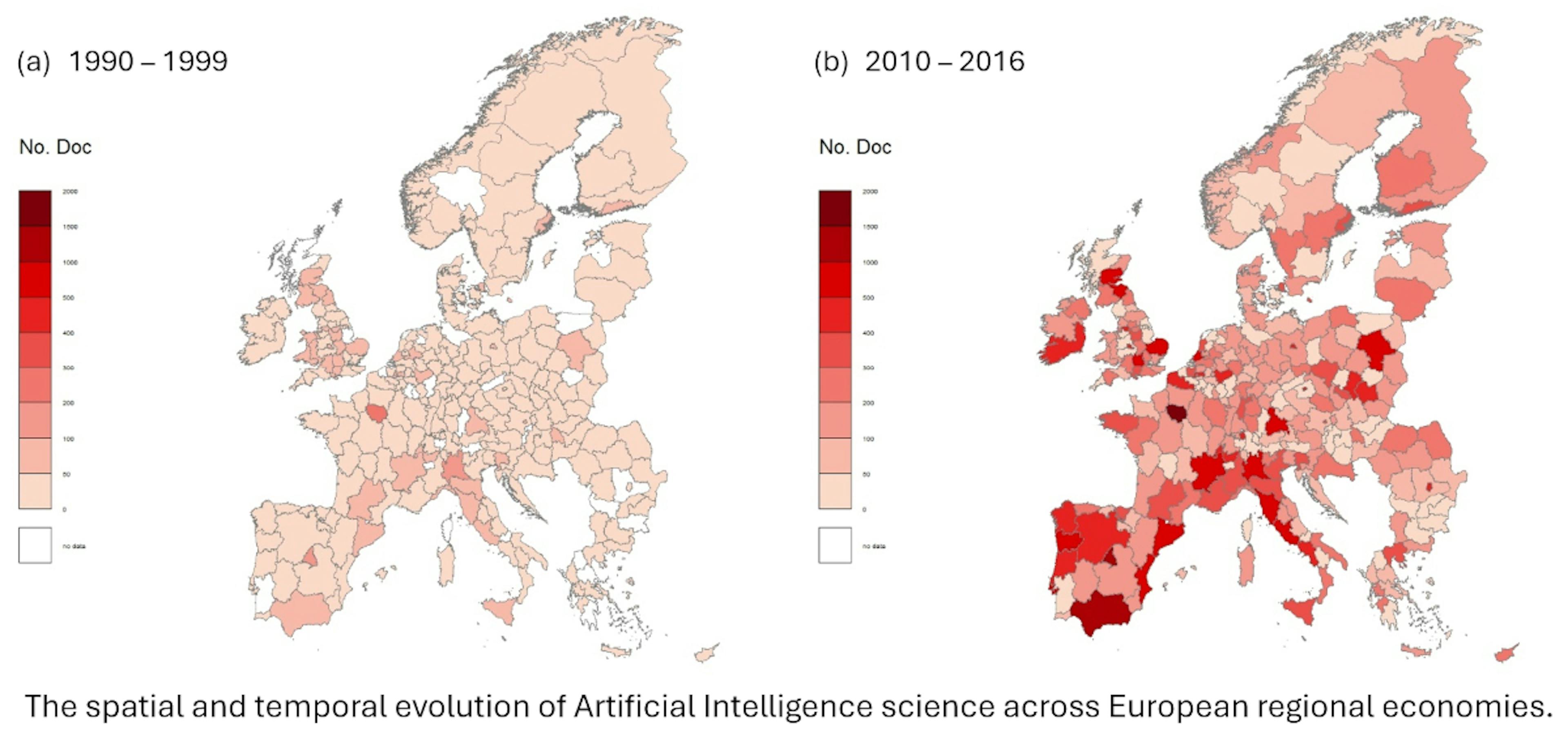 Maps illustrating the spatial and temporal evolution of Artificial Intelligence science across European regional economies.