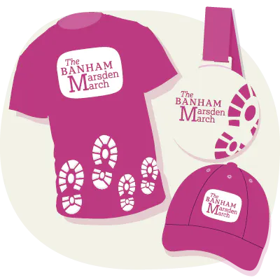 Marsden march incentive merchandise, including t-shirt, cap, and medal.