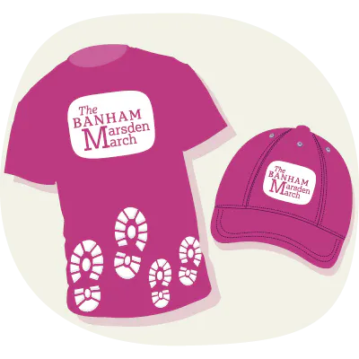 Marsden march incentive merchandise, including t-shirt and cap.