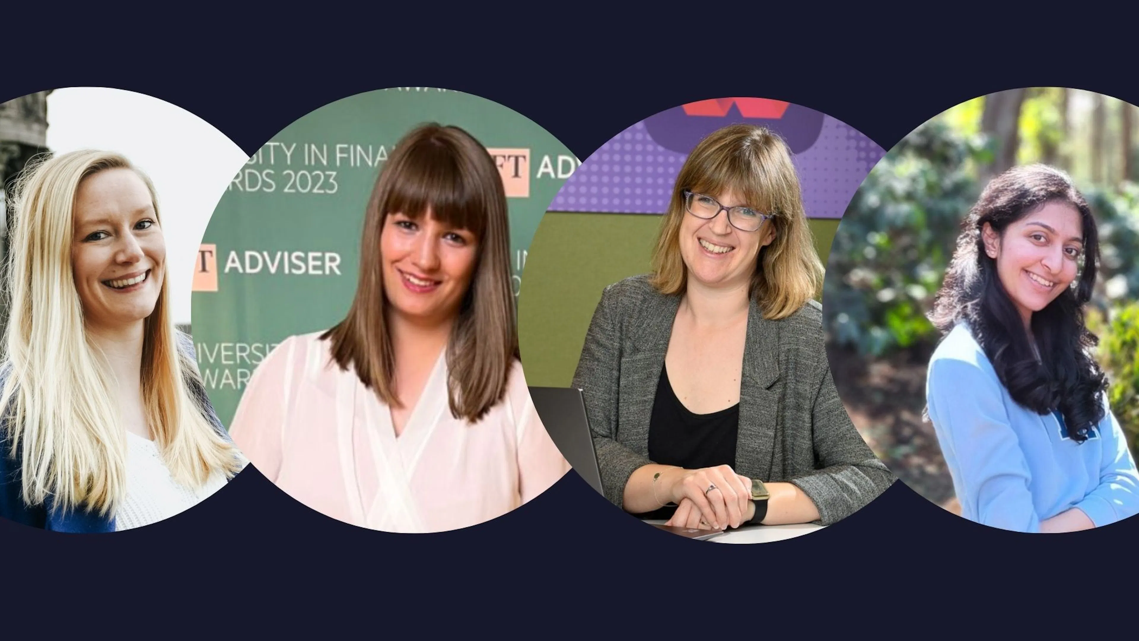 Four smiling women from NatWest, shown in circular portrait frames against a dark blue background. 