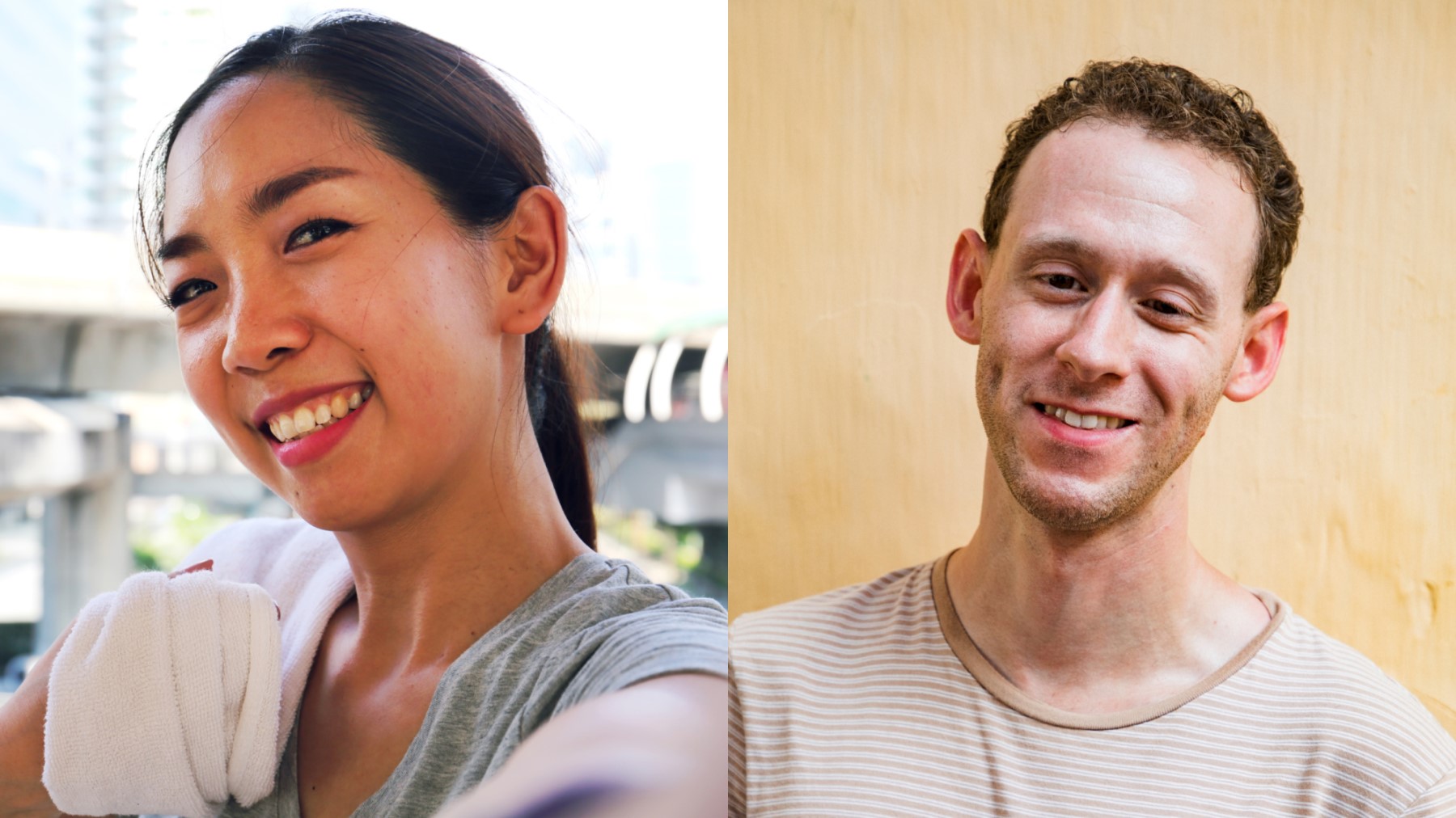 Photos of a young Asian woman and a young white man who has a visual impairment