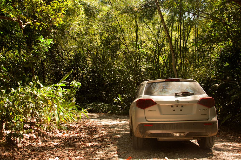 Met een SUV door het oerwoud van Costa Rica rijden.