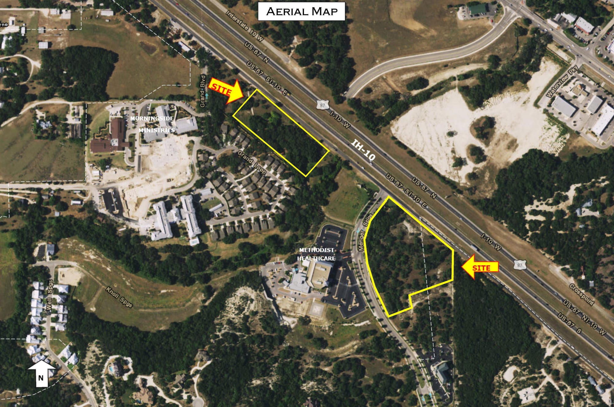 Aerial view of two tracts outlined in yellow either side of Interstate 10 at Menger Springs in Boerne, beside a Methodist Healthcare campus