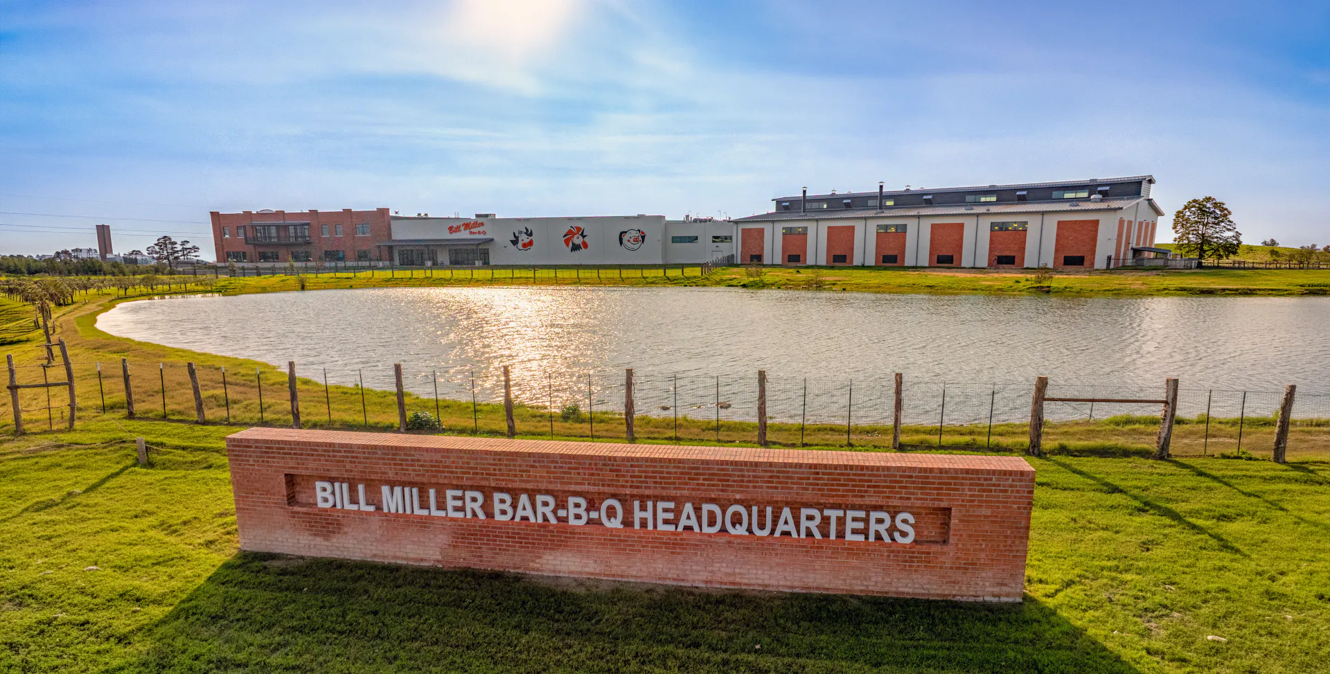 Bill Miller Bar-B-Q's headquarters and commissary in San Antonio across the pond, its brick sign in front