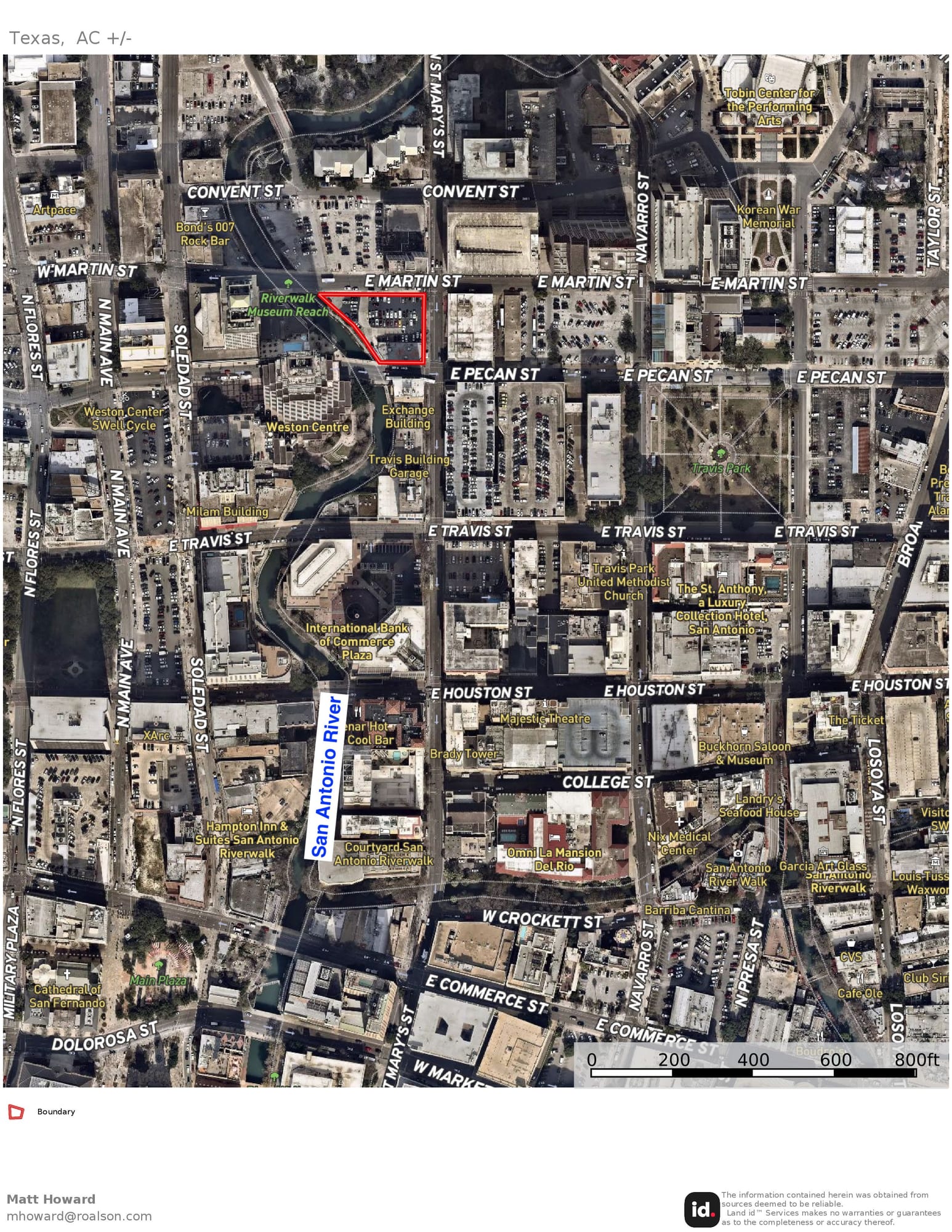 Aerial view of downtown San Antonio with a small block outlined in red at St. Mary's Street and East Martin Street, beside the San Antonio River's Museum Reach