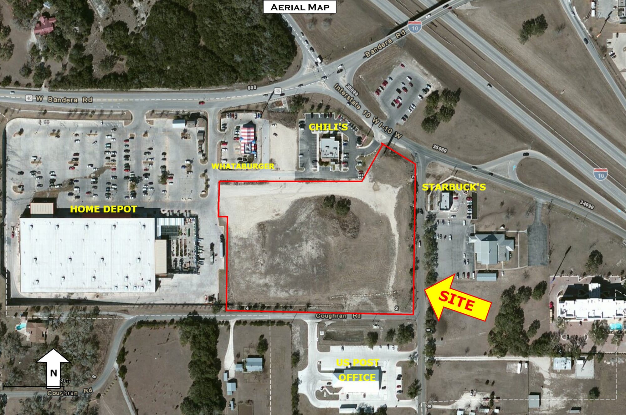 Aerial view of a cleared tract outlined in red on the Interstate 10 frontage in Boerne, with a Home Depot, a Whataburger, a Chili's and a Starbucks around it