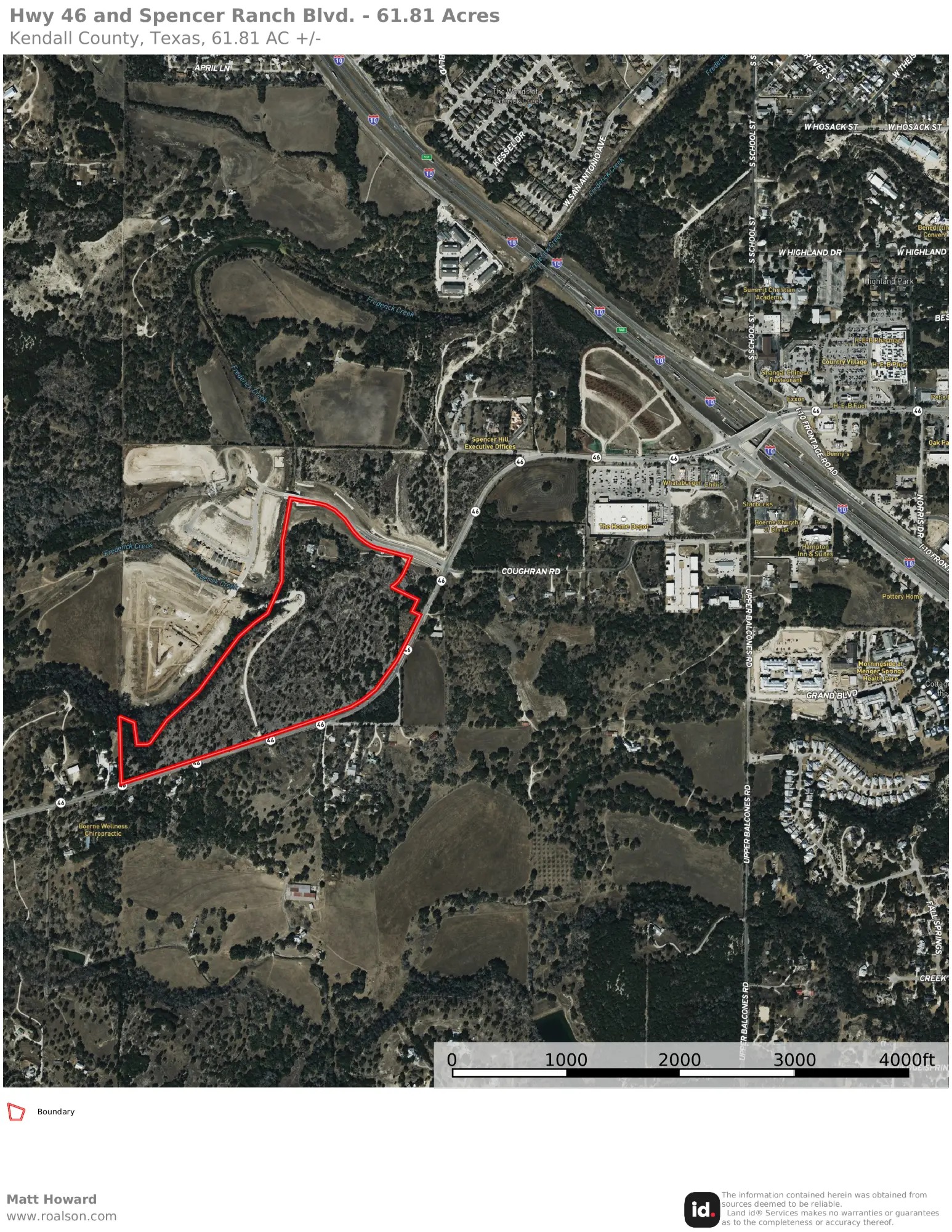 Aerial view of a wooded 61.81-acre tract outlined in red on Highway 46 West at Spencer Ranch Boulevard in Boerne, west of the Interstate 10 interchange and a Home Depot