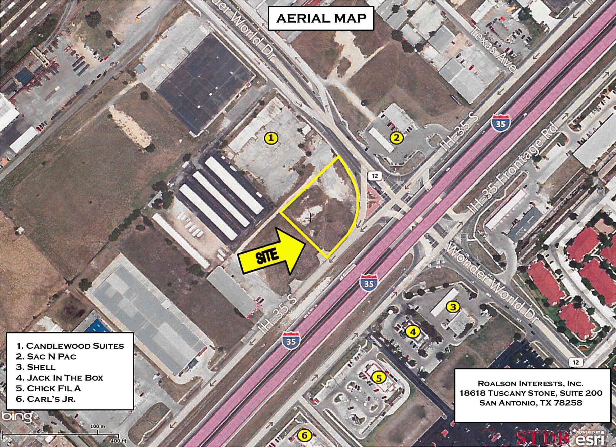 Aerial view of a corner pad outlined in yellow at Interstate 35 and Wonderworld Drive in San Marcos, with the surrounding hotels and restaurants numbered