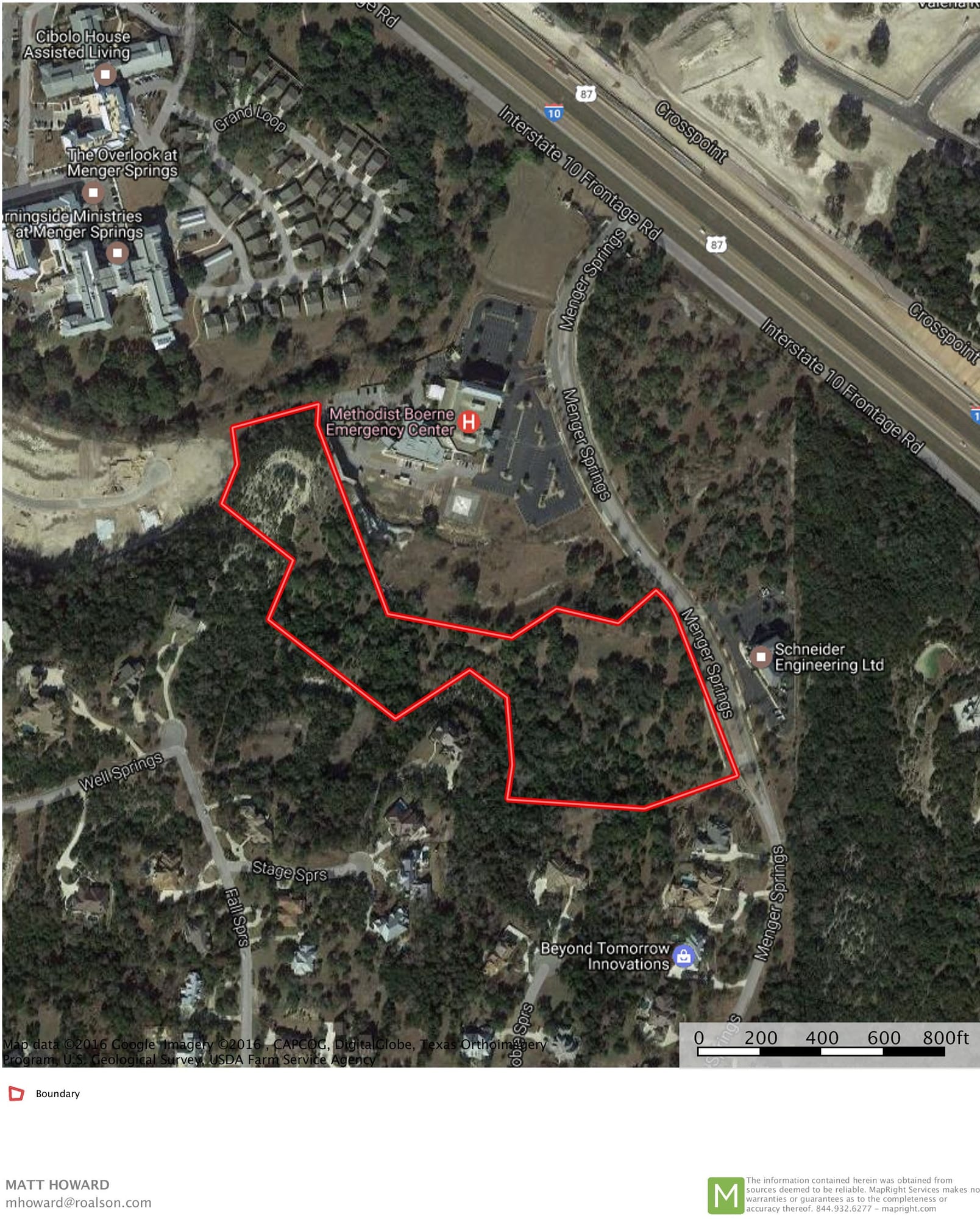 Aerial view of an irregular wooded tract outlined in red on Menger Springs Road in Boerne, wrapping south and east of the Methodist Boerne Emergency Center