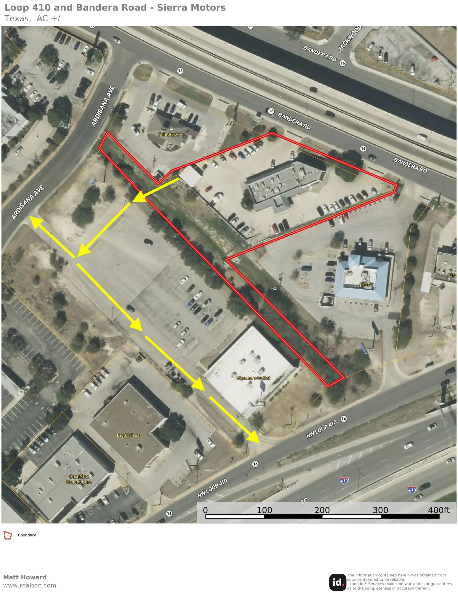 Aerial view of the Bandera Road and Loop 410 corner outlined in red, with the existing dealership buildings and their parking inside it