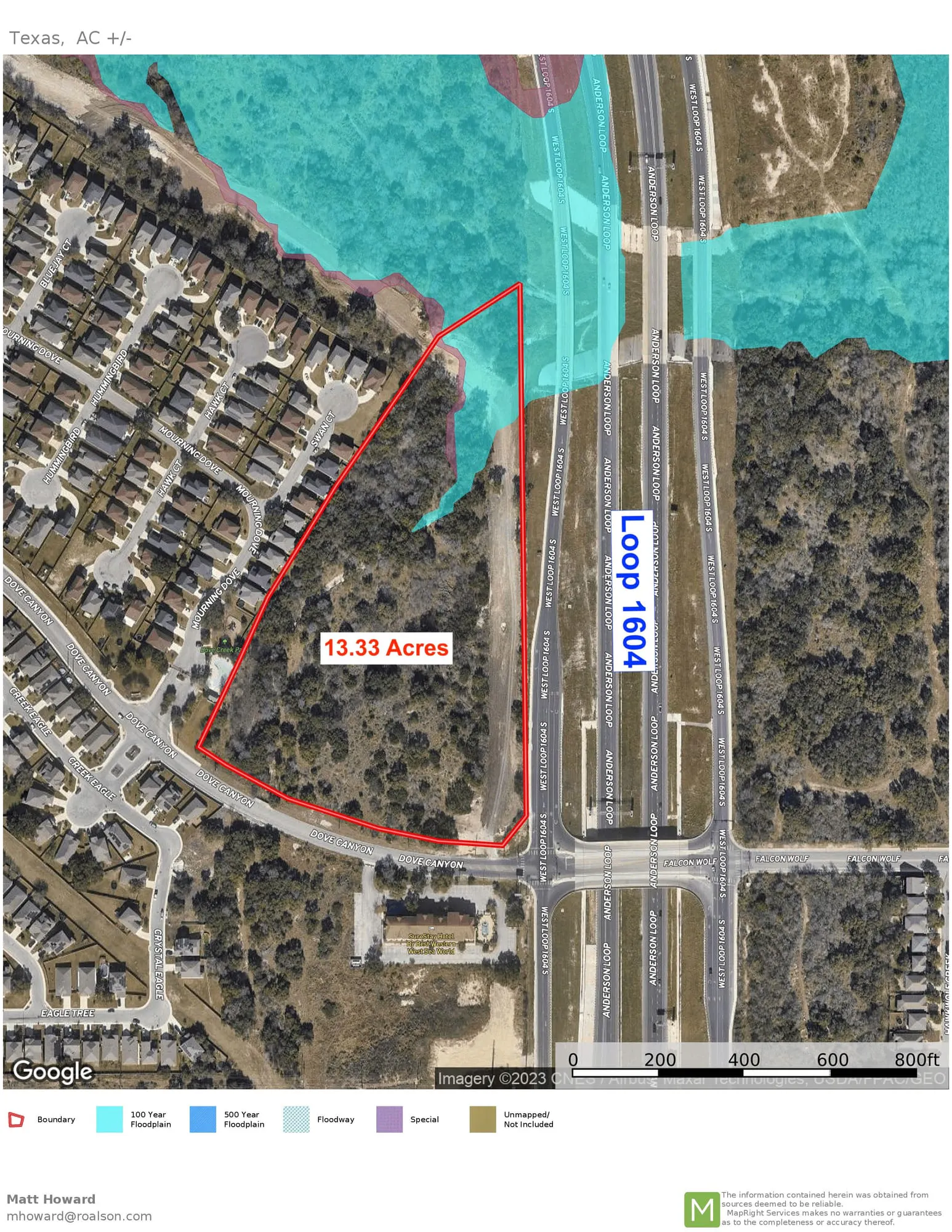 Aerial view of a wooded tract outlined in red and labelled 13.33 acres, between a subdivision and Loop 1604, with the mapped floodplain shaded to the north