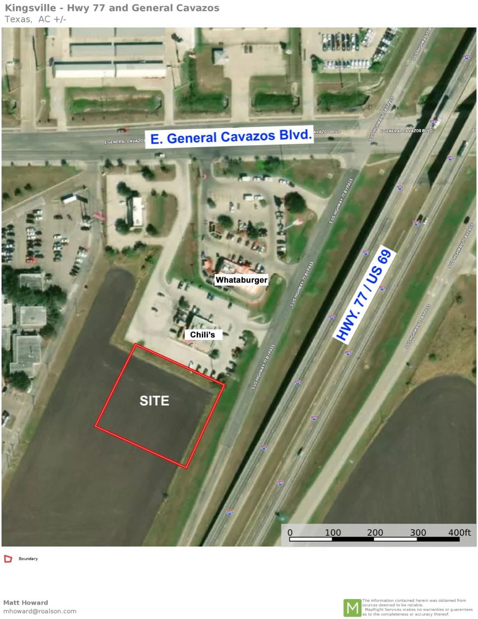 Aerial view of a vacant pad site outlined in red beside a Whataburger and a Chili's at Highway 77 and East General Cavazos Boulevard in Kingsville