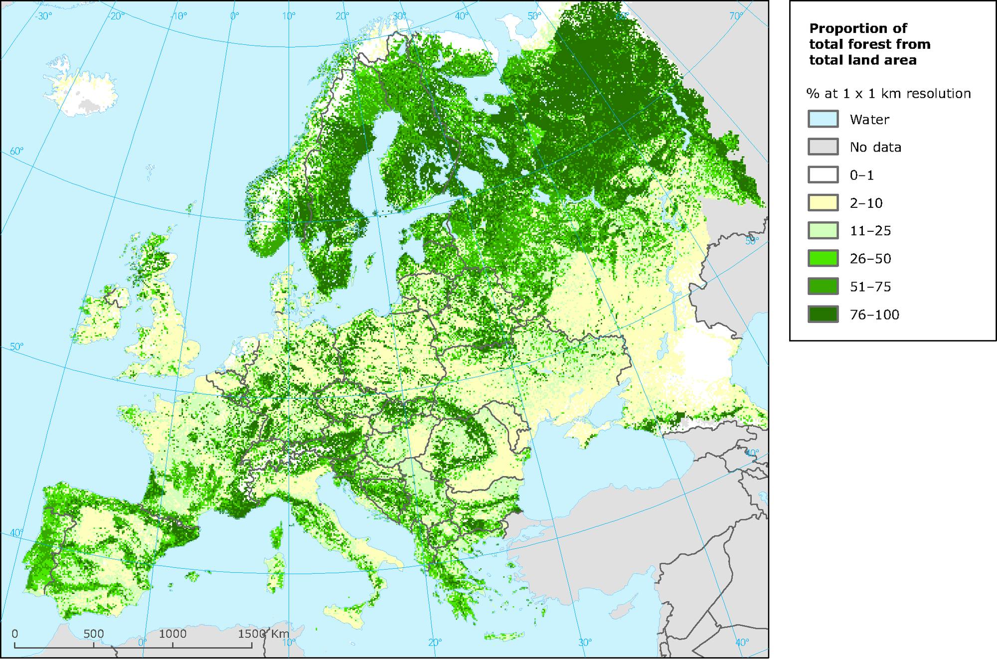 Mapa zalesnění Evropy (zdroj)