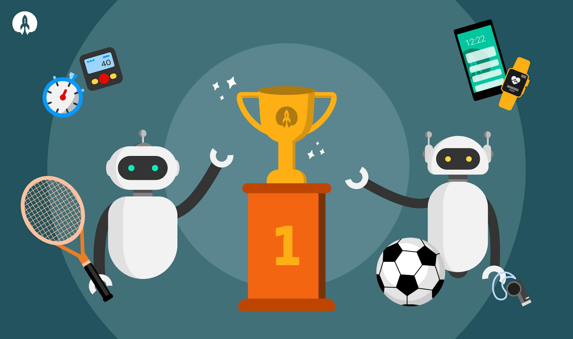 cartoon robots with sports equipment and a trophy