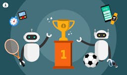 cartoon robots with sports equipment and a trophy