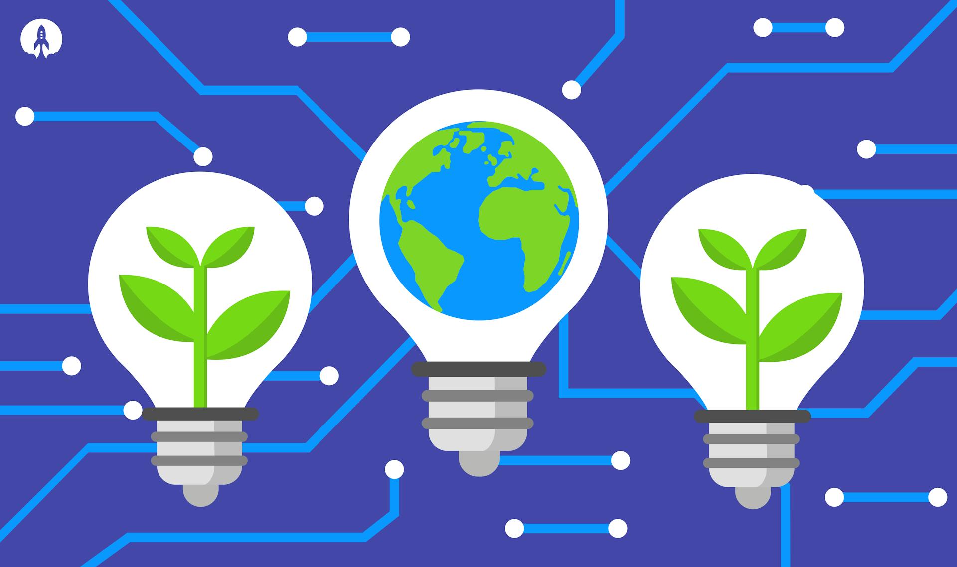 cartoon light bulbs with a planet and plants inside them