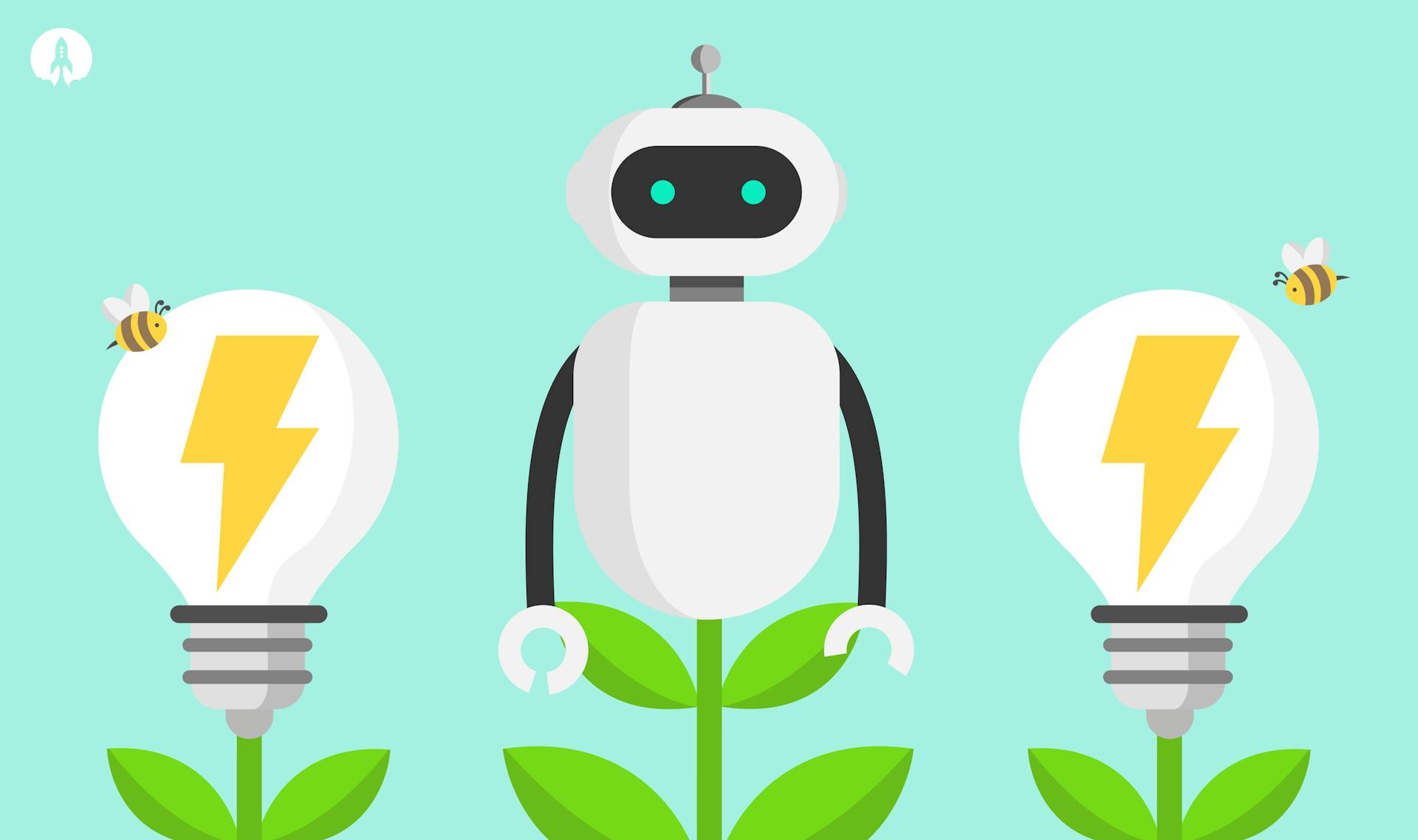 cartoon of lightbulbs, bees and a robot