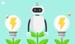 cartoon of lightbulbs, bees and a robot