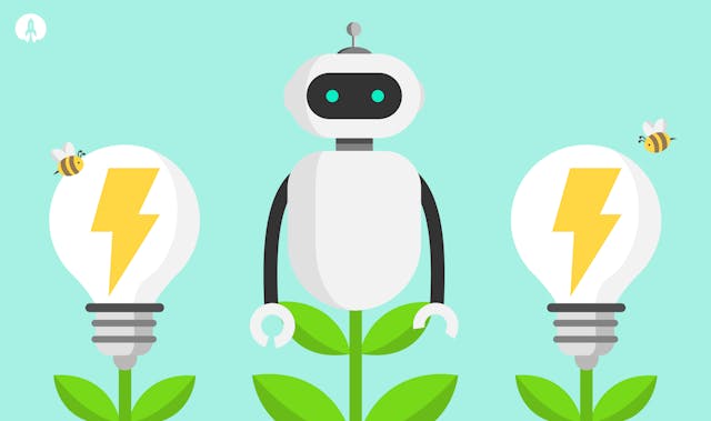 cartoon of lightbulbs, bees and a robot