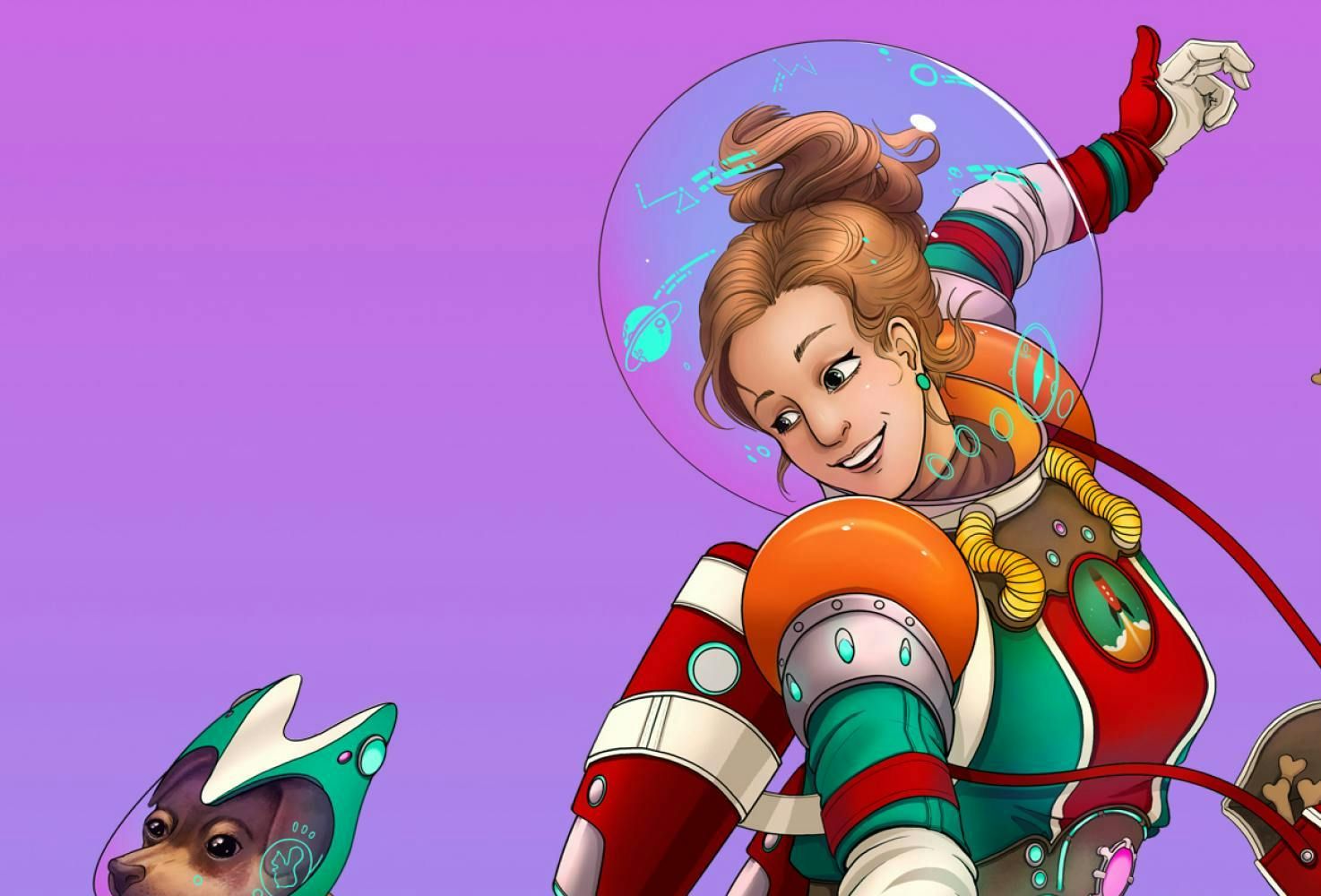 Illustration of a woman with a Rocketmakers-branded space suit