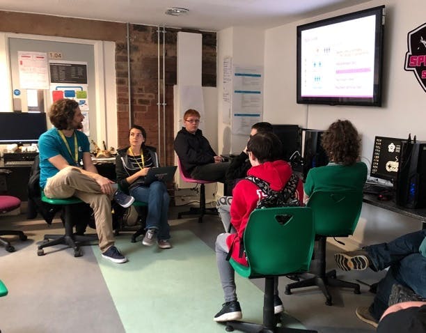 Phil and Hannah conducting user research with students at Darwen Aldridge Enterprise Studio