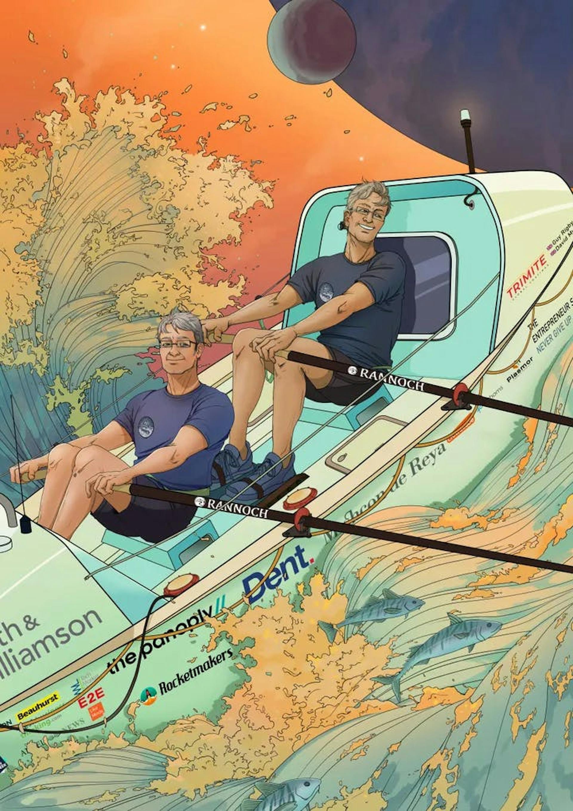 illustration of two men on a rowing boat