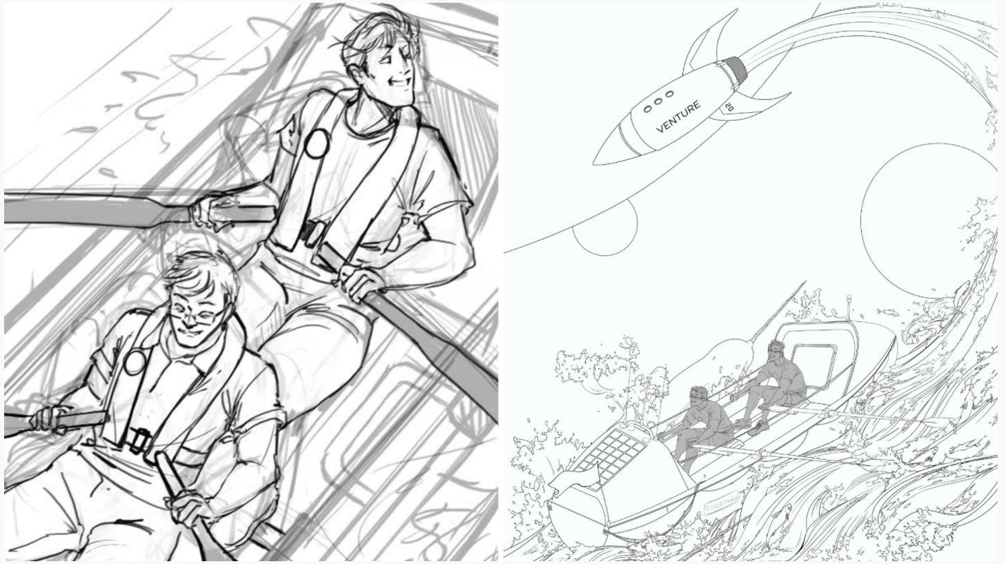 pencil illustration of men in boat with rocket wave