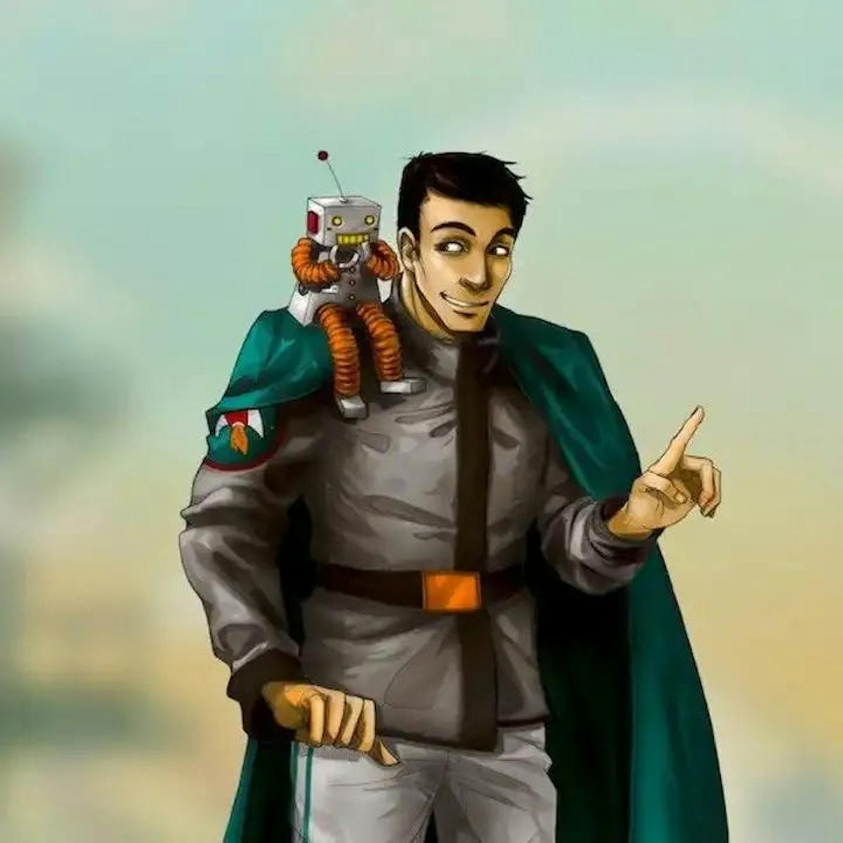 Illustration of Keith Walker wearing a green cape with a small robot on his shoulder