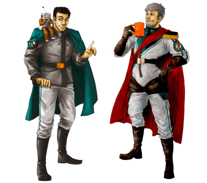 Two illustrations of Rocketmakers team members, one holding a mug and the other with a small robot on his shoulder.