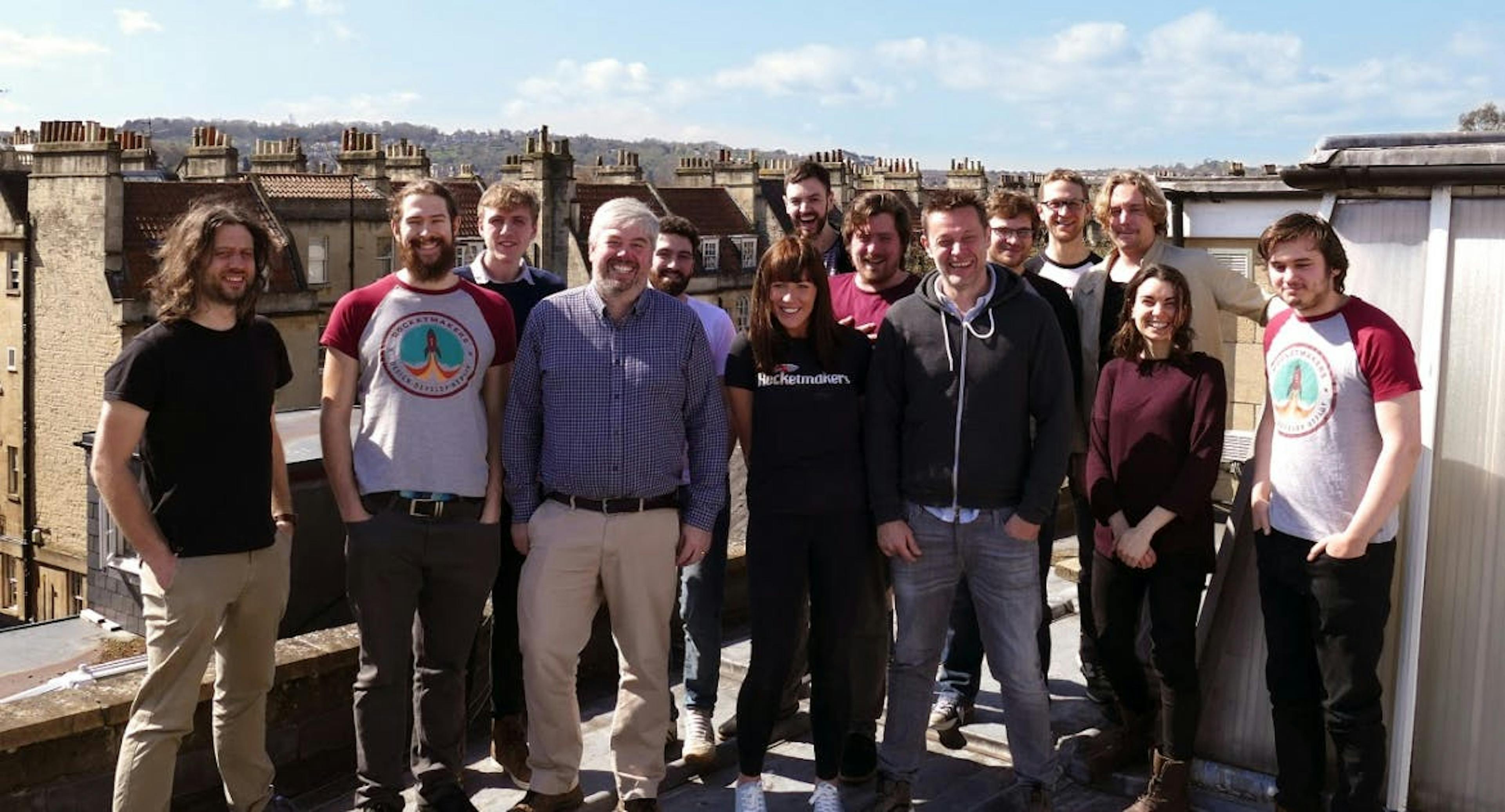 Picture featuring 14 members of the Rocketmakers team in 2018