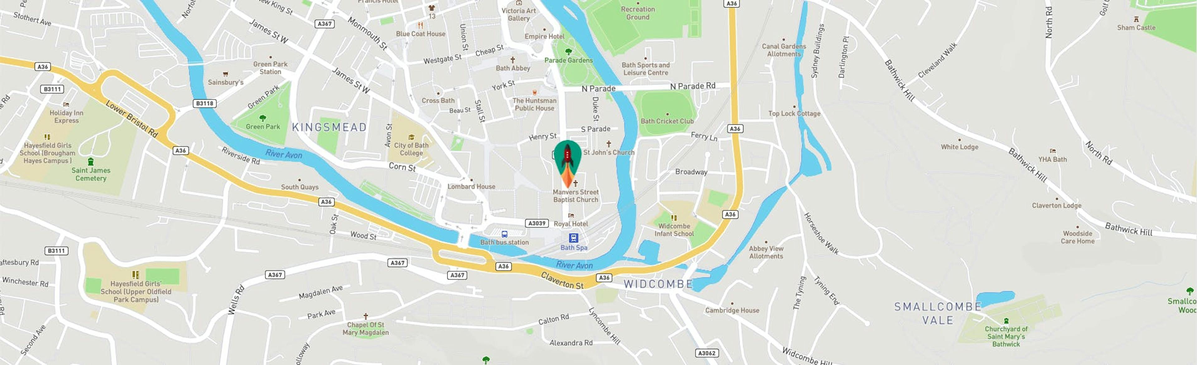 Google maps image that pin points the location of the Rocketmakers HQ in Bath.