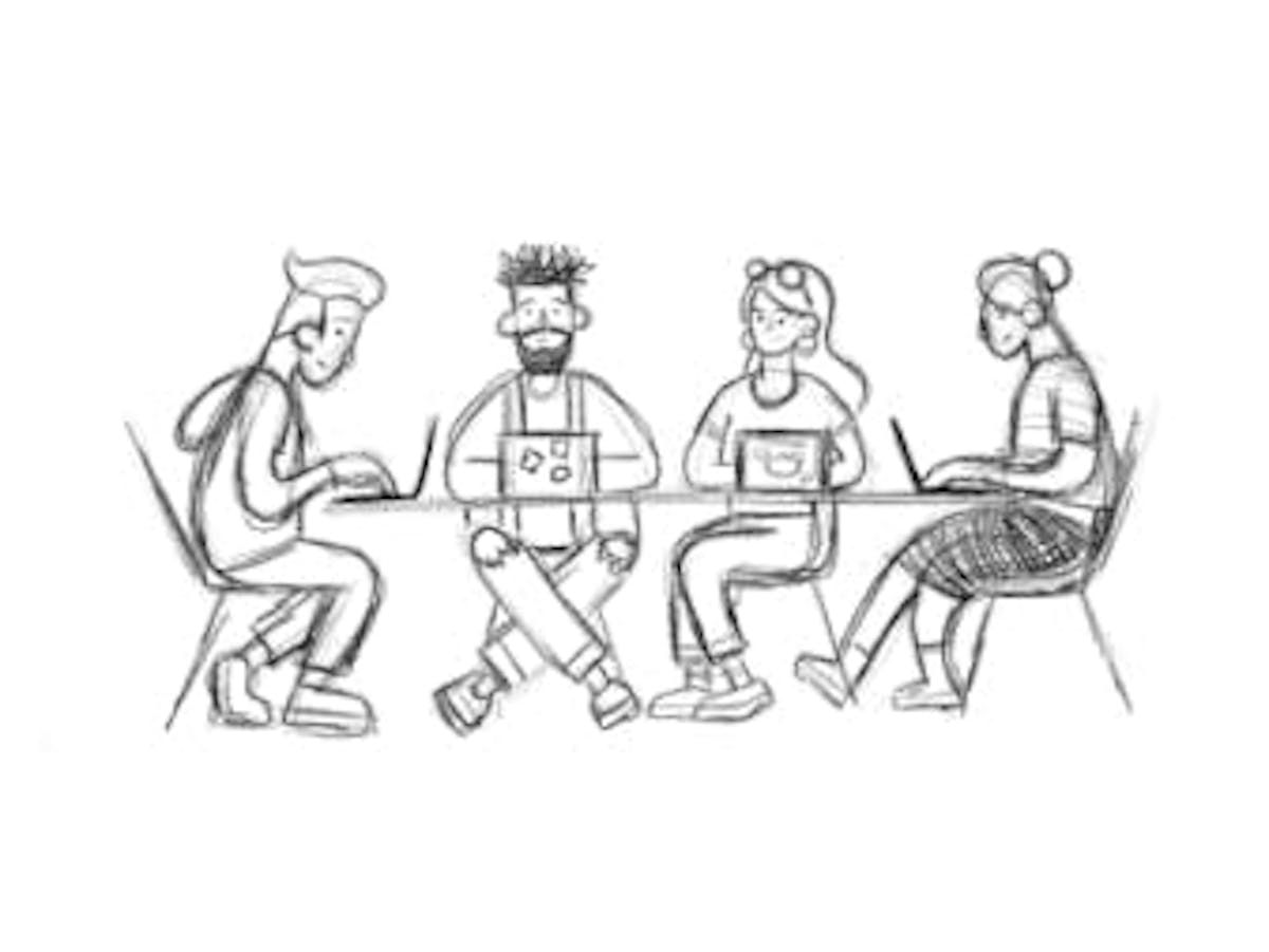 pencil drawing of four people at a table