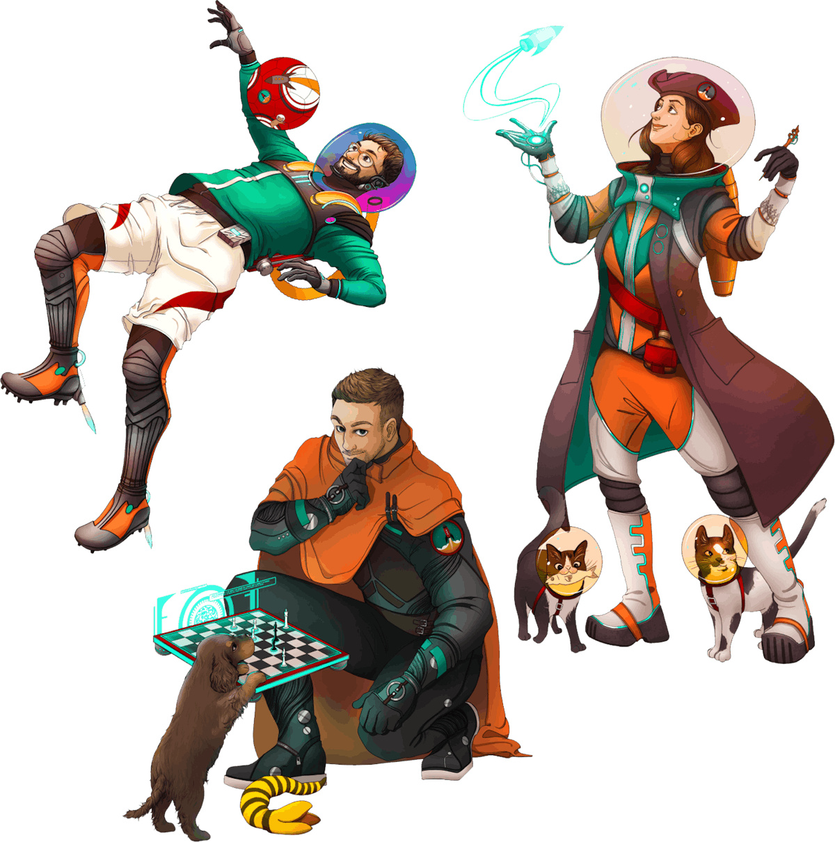Illustrations of three Rocketmakers team members all wearing Rocketmakers space suits. One is playing with a football, the other is playing chess with a small dog, and the last is accompanied by two cats.