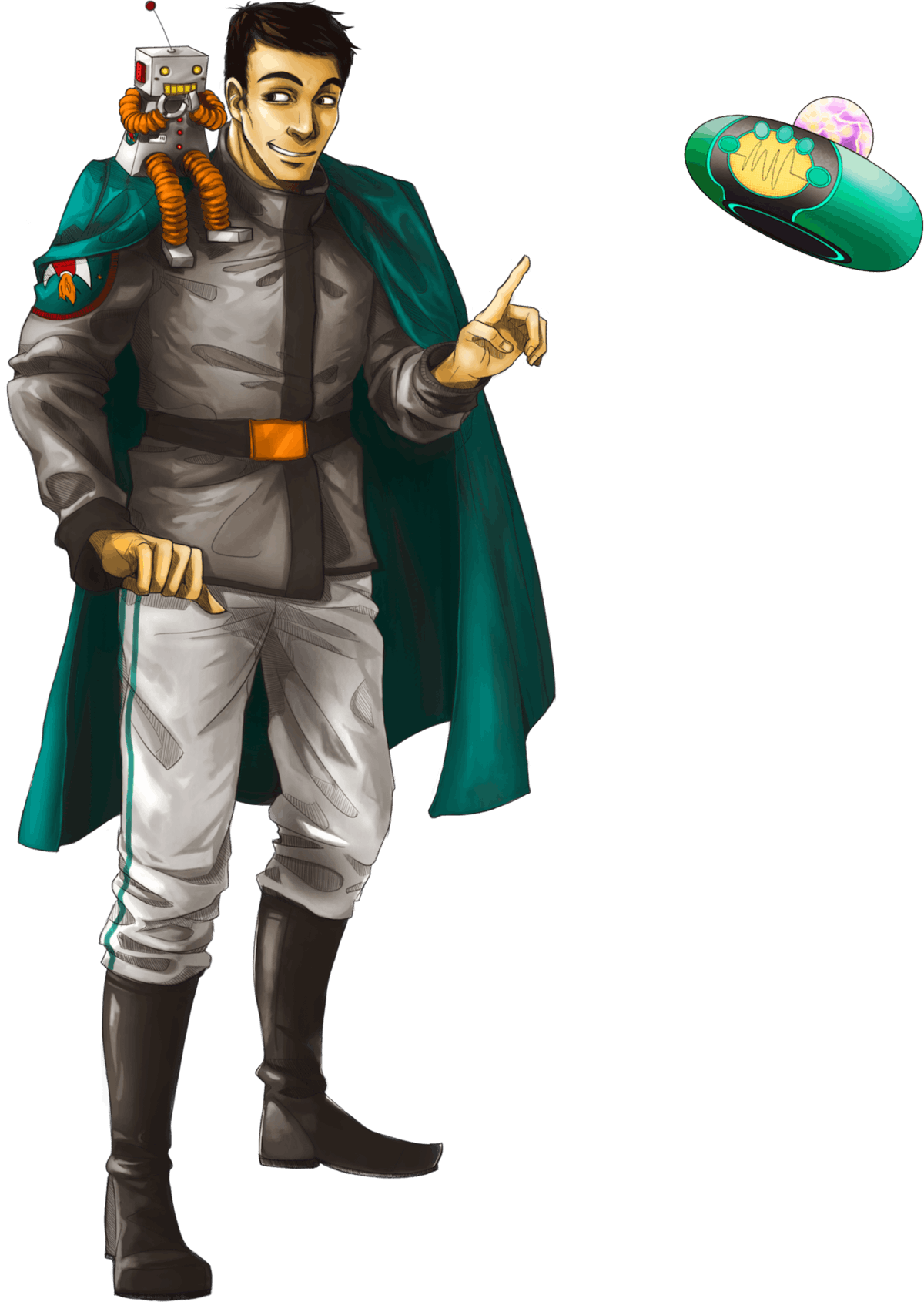 Illustration of Keith Walker wearing a green cape and a Rocketmakers suit, with a small robot on his shoulder.