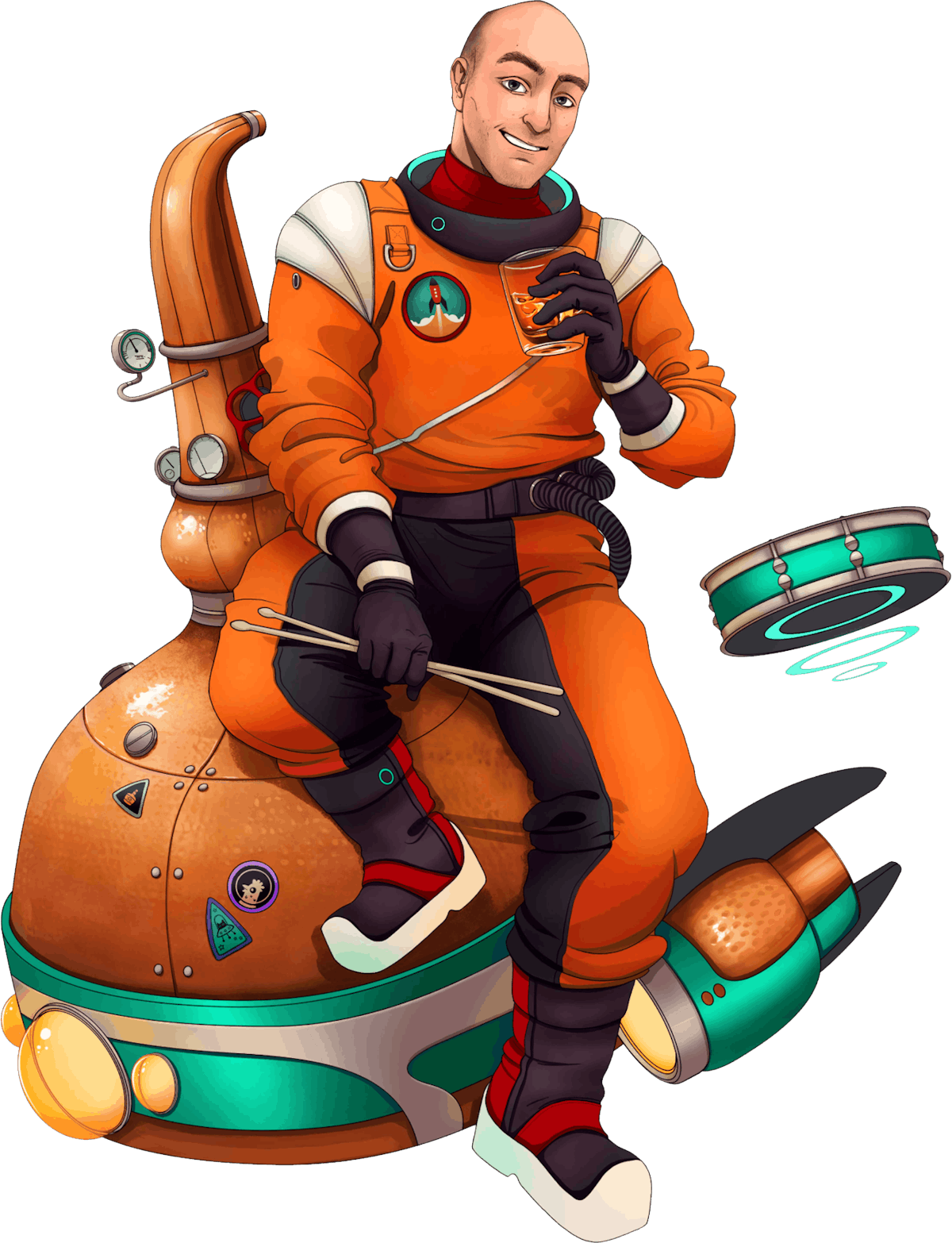 Illustration of James Routley wearing a Rocketmakers space suit, while holding a drink and drumsticks