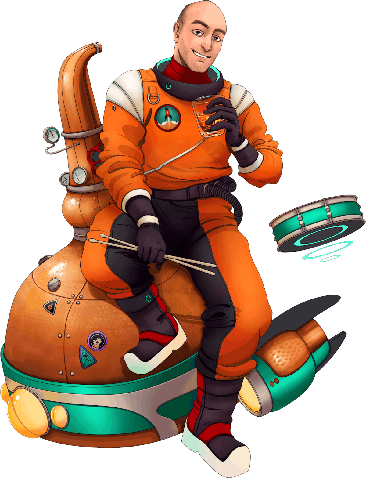 Illustration of James Routley wearing a Rocketmakers space suit, while holding a drink and drumsticks 