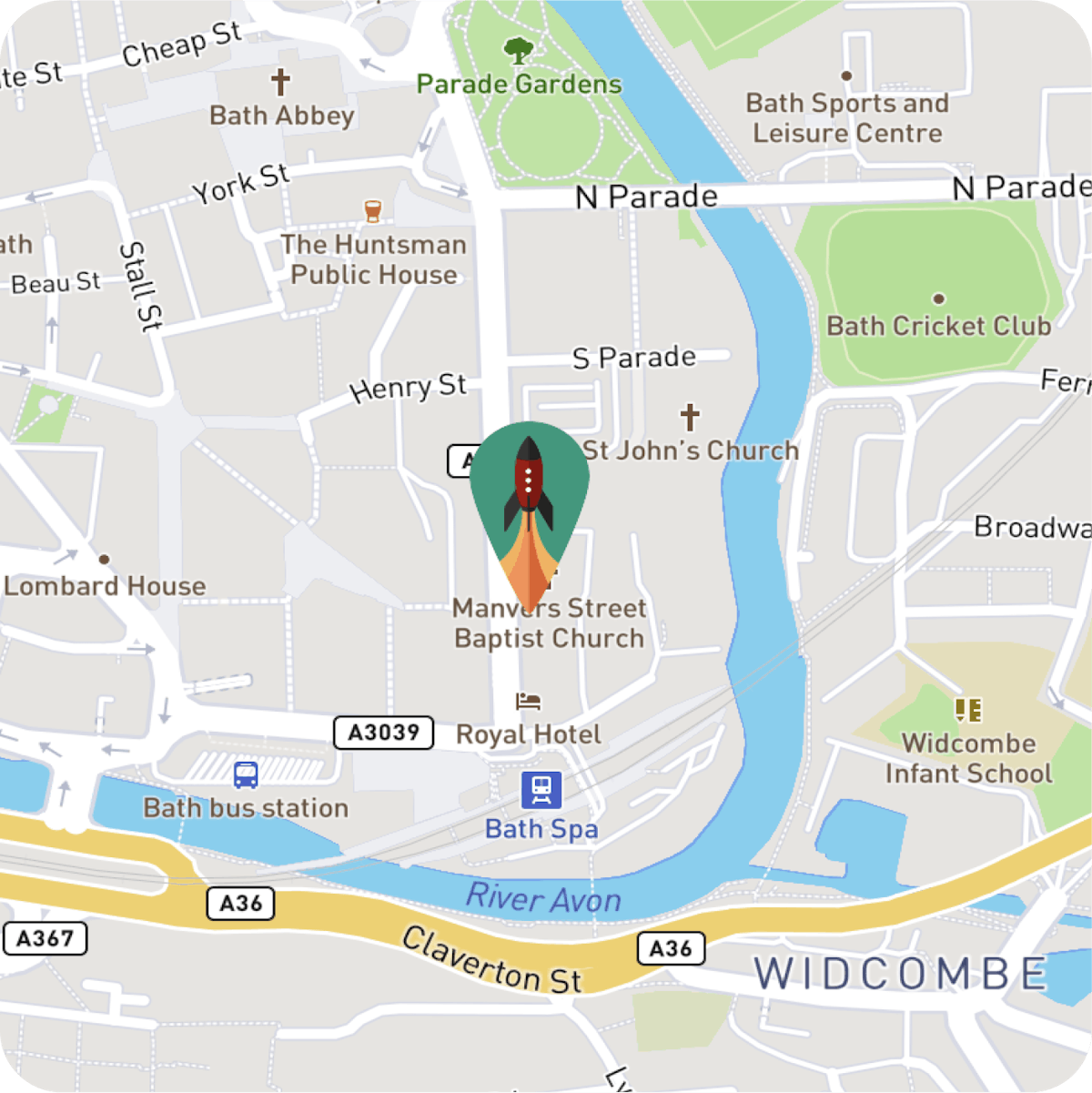 Image of Google Maps pin pointing where the Rocketmakers HQ is located in Bath.