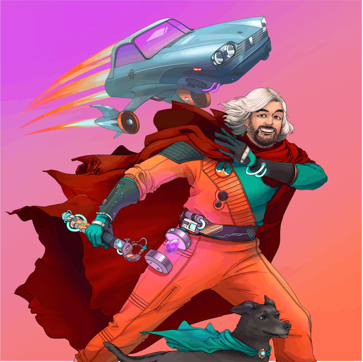 Illustration of Richard Godfrey wearing a Rocketmakers space suit, with his dog and a car in the backgroud