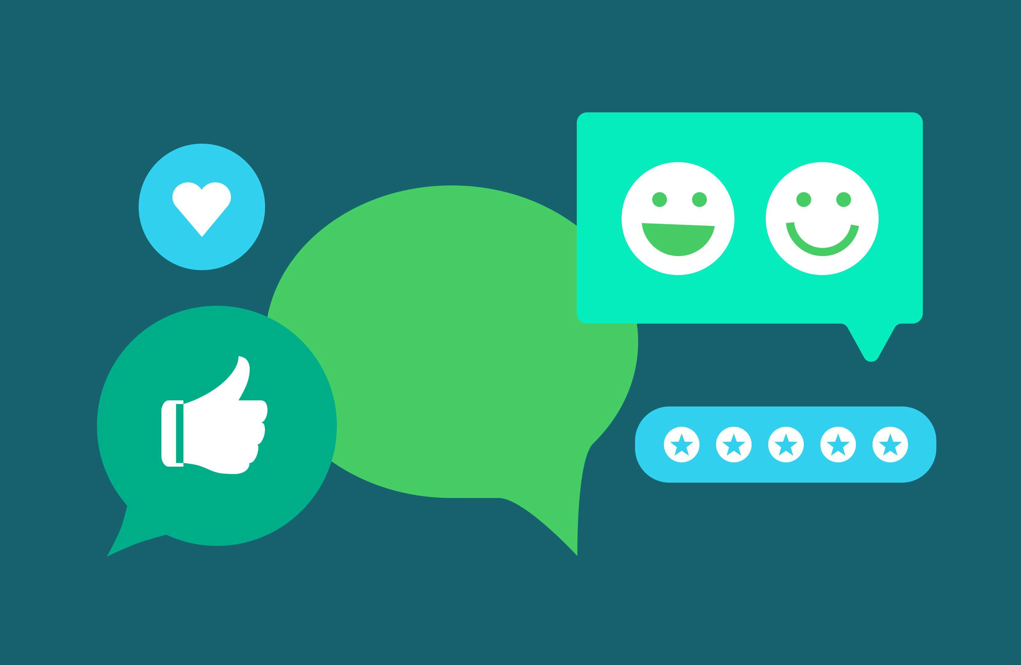 Illustration with quote bubbles that contain a heart, thumbs up, 5 stars, and smiley faces.