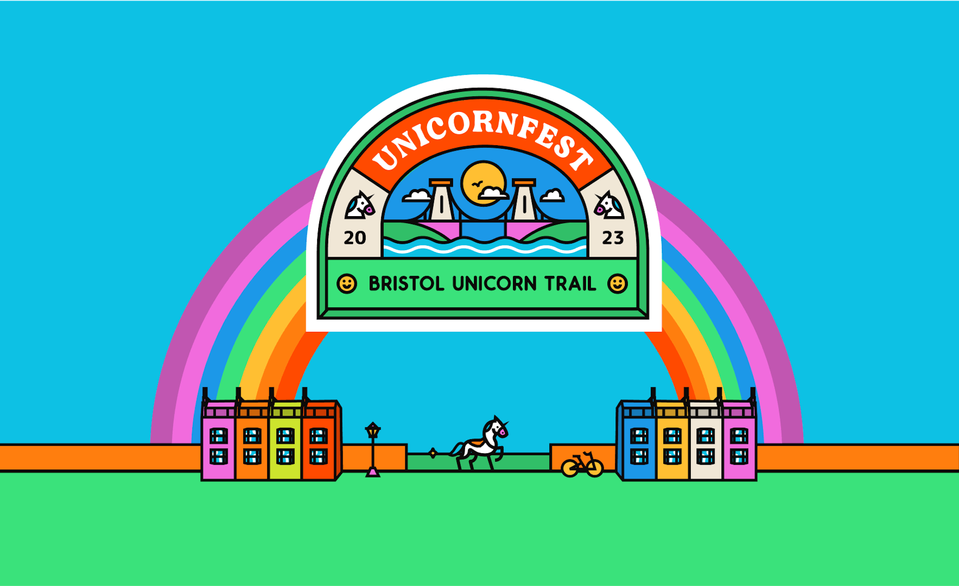 Illustration of the unicornfest logo with a rainbow behind, in the foreground theres colourful houses and a unicorn