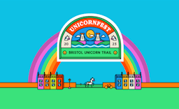 Illustration of the unicornfest logo with a rainbow behind, in the foreground theres colourful houses and a unicorn