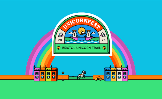 Illustration of the unicornfest logo with a rainbow behind, in the foreground theres colourful houses and a unicorn