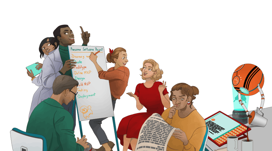 Illustration of a team working together surrounding a whiteboard.