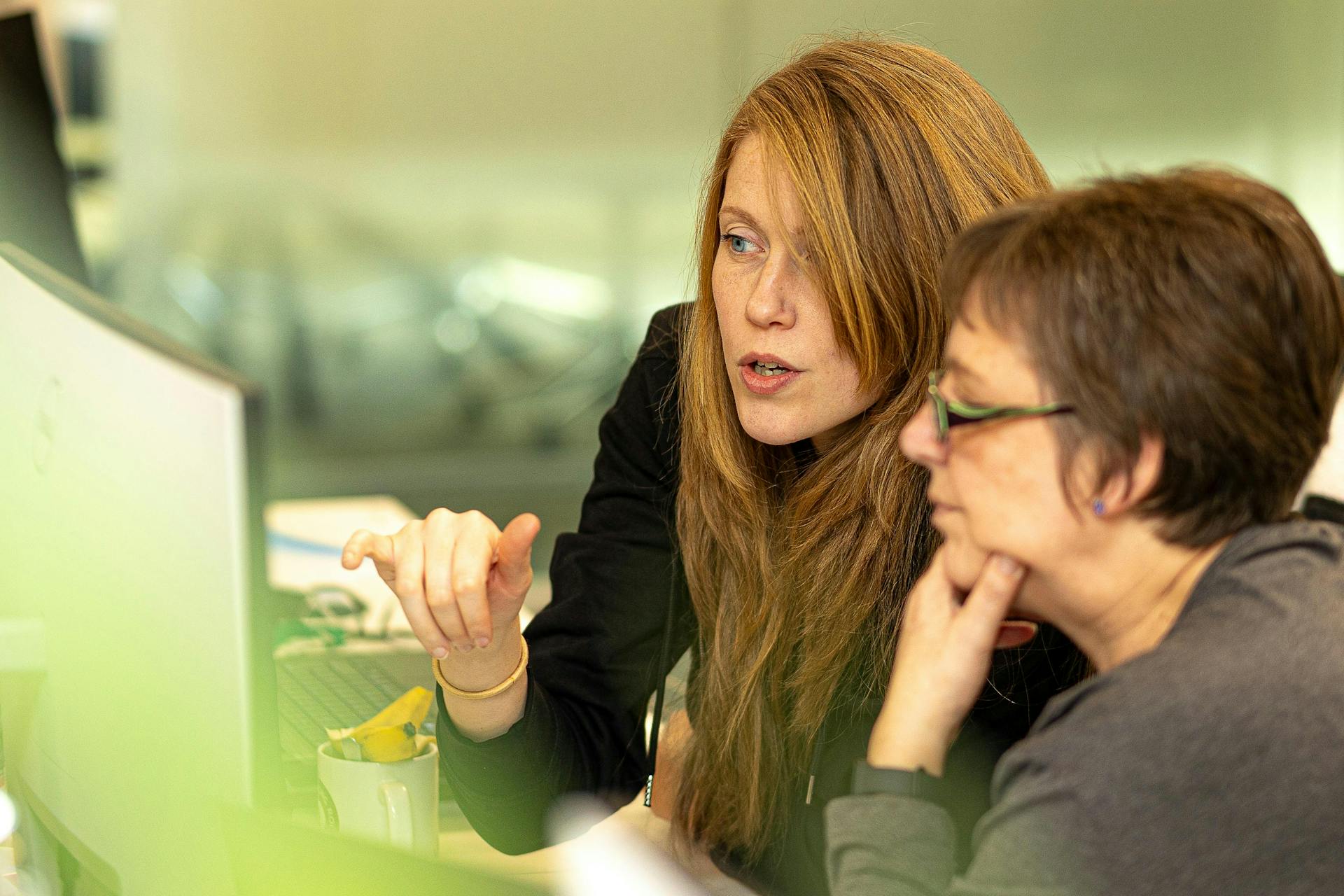 Two coworkers talking and looking at a computer screen.