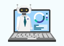 ai bot wearing business clothing on a laptop