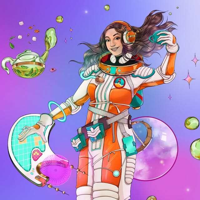 Illustration of girl in a Rocketmakers-branded space suit holding a cup of tea and with one hand on a keyboard