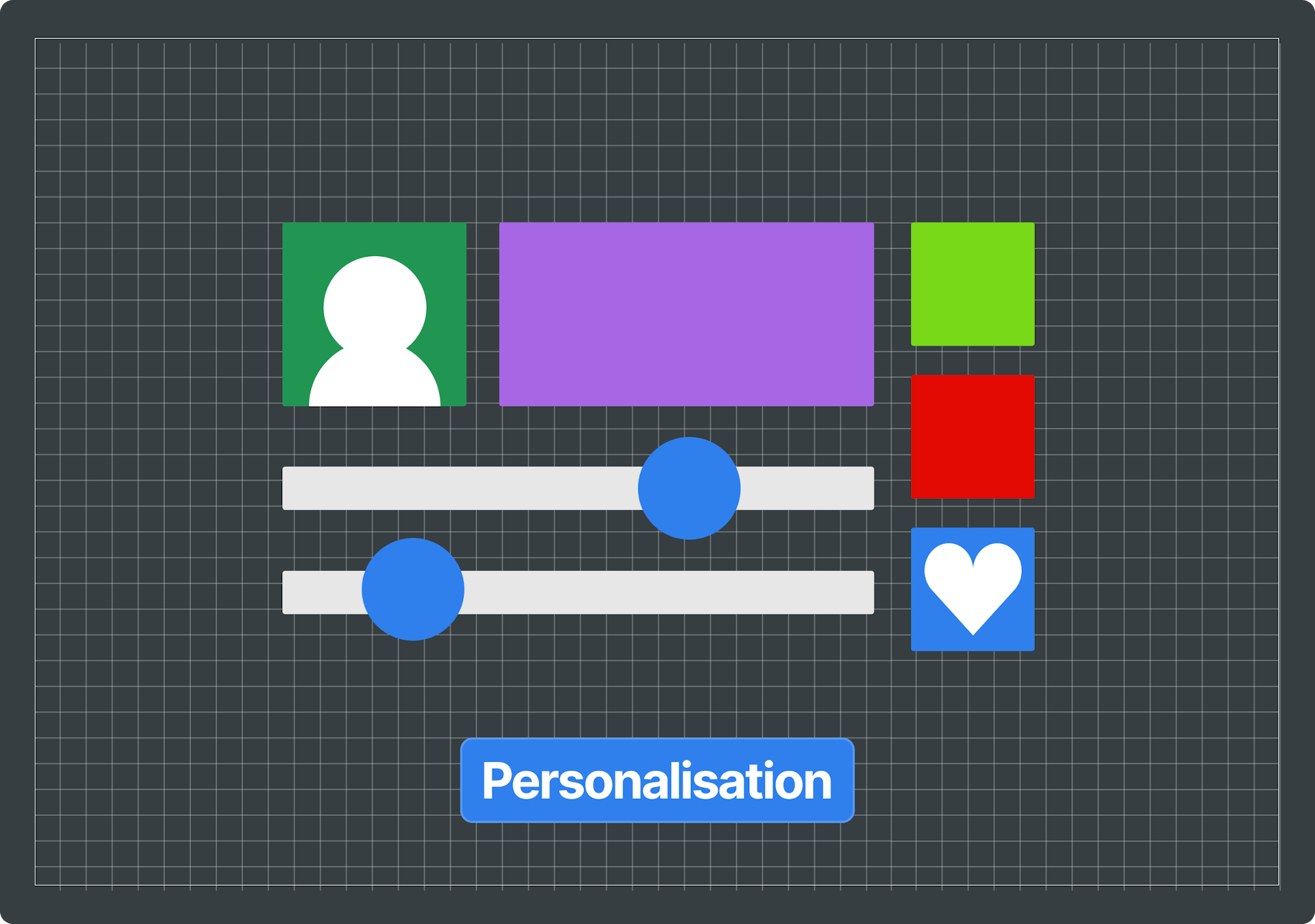 Illustration that shows a character, four different colour blocks - one including a heart, as well as two horizontal lines that represent customisation. Includes text that says "Personalisation".