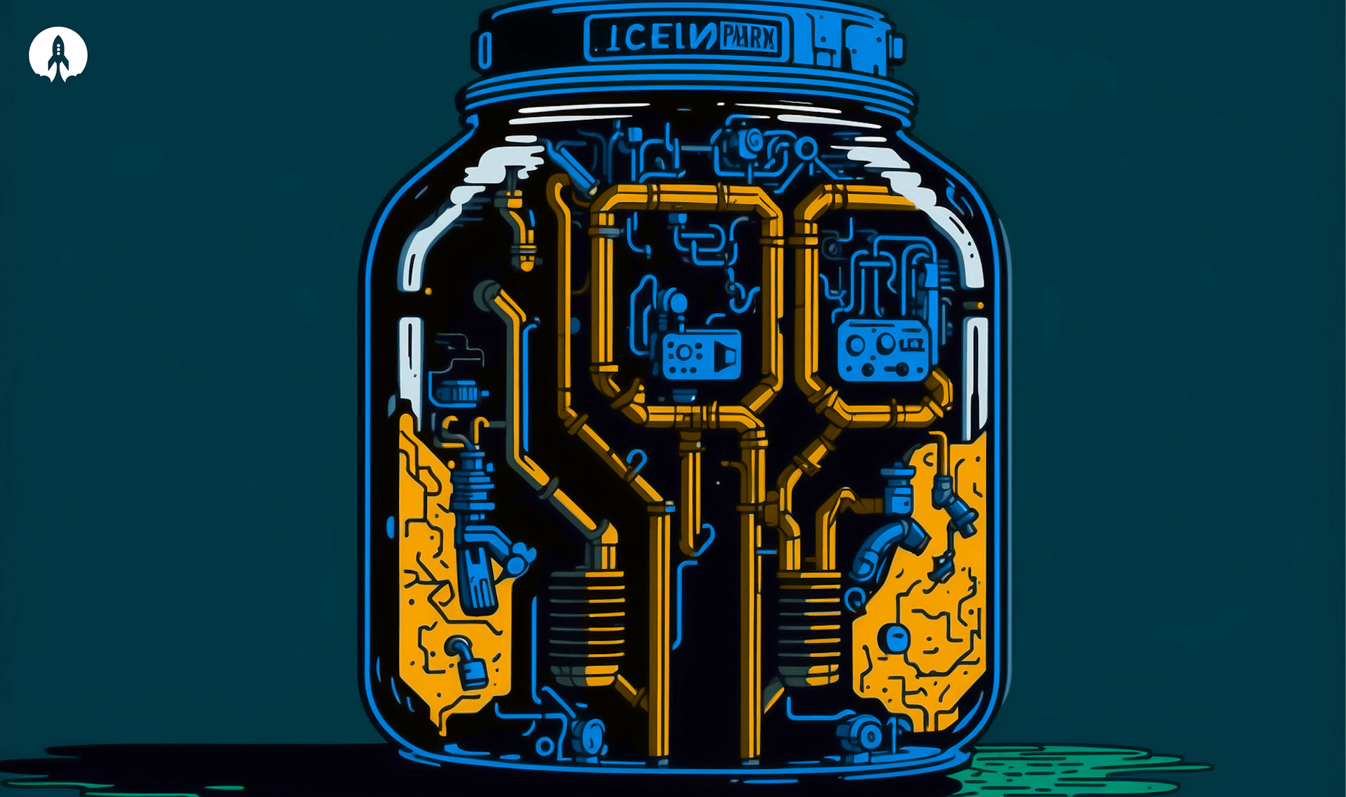 A jar with a circuit board that alludes to technology and artificial intelligence.