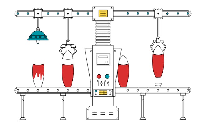 production line making a red rocket